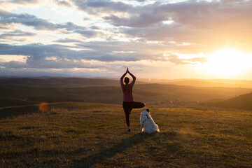 woman with white dog doing yoga at sunset tree pose  vrksasana