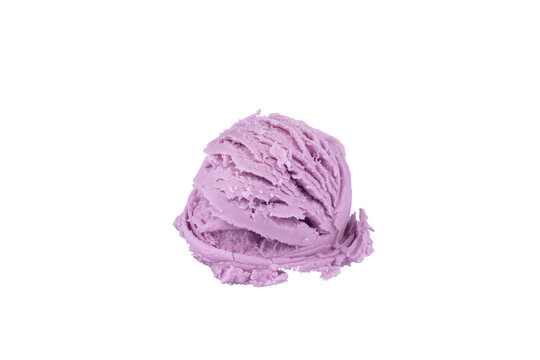 Purple color grape flavor ice cream isolated on white background. Side view photo of the ice cream ball.