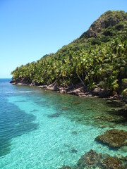 Littoral ensoleillé d'une île tropicale sauvage, rocailleuse et verdoyante, bordée d'une mer bleu turquoise claire et limpide, translucide avec des coraux et des algues