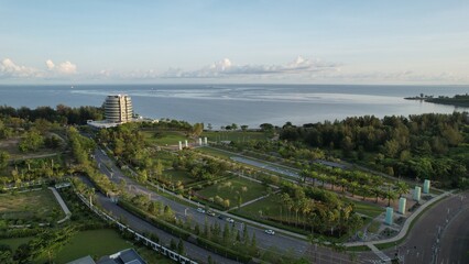 Fototapeta premium Miri, Sarawak Malaysia - May 2, 2022: The Landmark and Tourist Attraction areas of the of Miri City, with its famous beaches, rivers, city and scenic surroundings