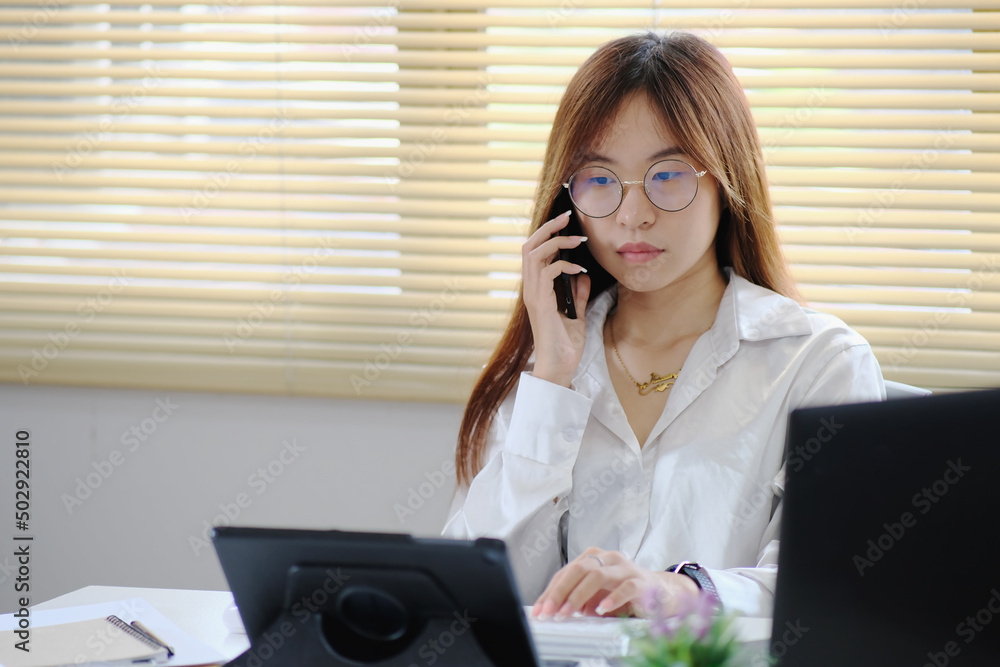 Poster woman is using a computer laptop. online live chat chatting on an application communication website 