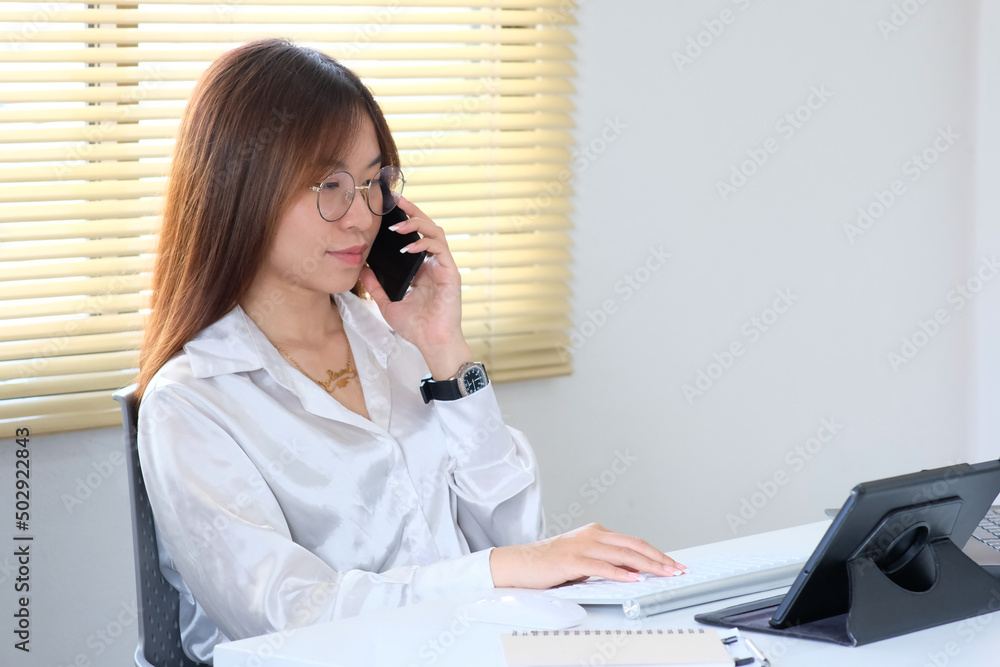 Poster woman is using a computer laptop. online live chat chatting on an application communication website 
