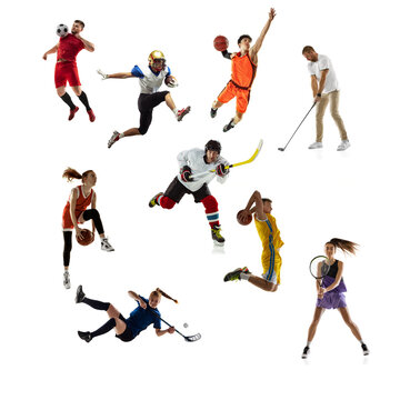Sport collage. Tennis, running, badminton, soccer and american football, basketball, handball, volleyball, golf, hockey players.