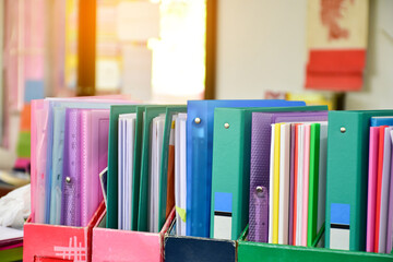 Closeup view of paperwork box for keeping various documents inside which is placed on the table in...