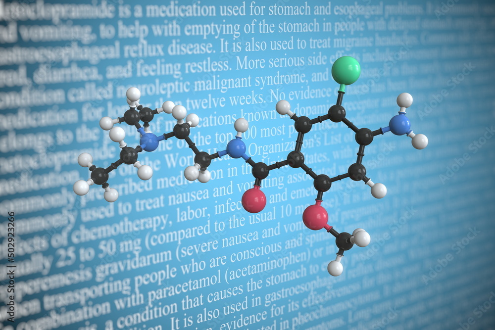 Poster molecular model of metoclopramide, 3d rendering