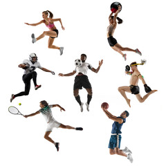 Sport collage. Tennis, running, badminton, soccer and american football, basketball, volleyball, boxing, MMA fighter.