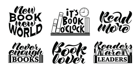Vector set of handwritten inscriptions on the theme of love for books in black on a white background