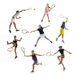 Set of portraits of active young people, tennis players in motion, training isolated over white studio background. Sportive youth. Healthy lifestyle