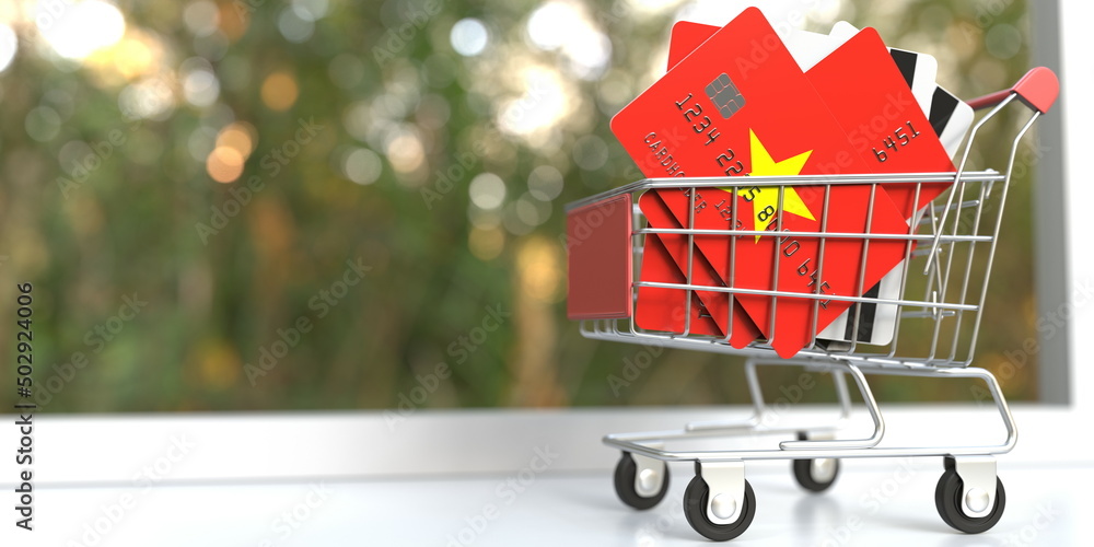 Poster credit card mockups with flags of vietnam in a small shopping cart. 3d rendering