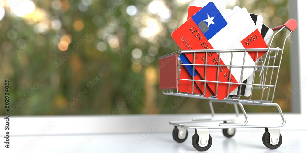 Poster bank card mockups with flags of chile in a small shopping cart. 3d rendering