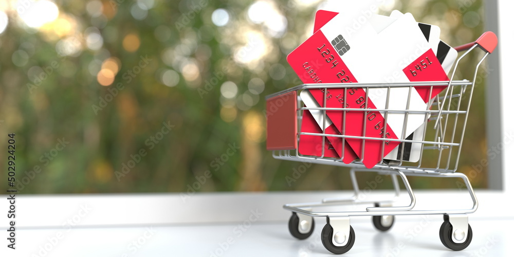 Poster credit card mockups with flags of poland in a small shopping cart. 3d rendering