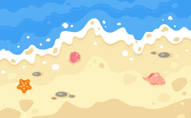 Summer background with sand and ocean. Summer seaside landscape. Cartoon illustration of a beach, sea waves, sand and shellfishes. 