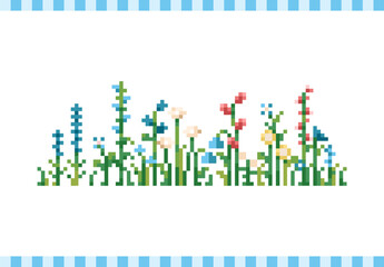 Pixel art background with grass, field flowers and wildflowers. 8 bit retro game style vector texture. 