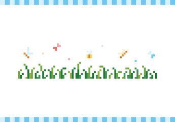 Pixel art background with grass, bugs, insects and butterfly. 8 bit retro game style vector texture. 