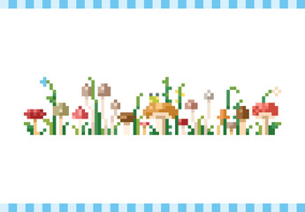 Pixel art background with grass, mushrooms and flowers. 8 bit retro game style vector texture. 
