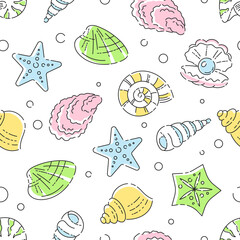 Seamless summer vacation icons pattern. Colorful pearl, starfish, shellfish, oyster, and scallop symbols of summer adventure trip spring. Vector printable background tile with minimal line art.