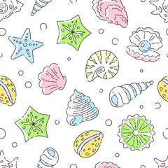 Seamless summer vacation icons pattern. Colorful pearl, starfish, shellfish, and scallop symbols of summer adventure trip spring. Vector printable background tile with minimal line art.