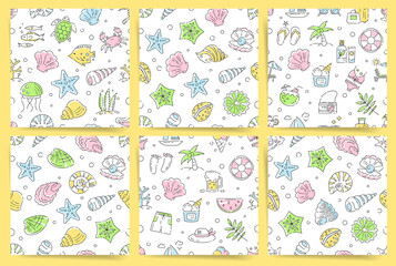 Seamless summer vacation icons pattern set. Vector collection of  printable background tiles with minimal line art. Repeatable pattern with shellfish, palms, beverage, cocktails, sea fishes.