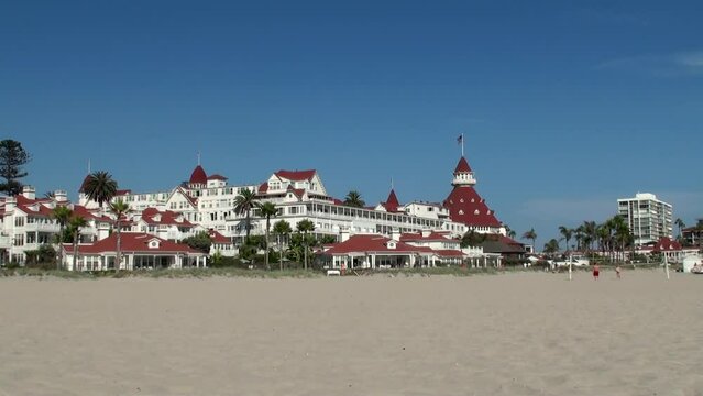 Coronado Beach with the Hotel del Coronado historical building. San Diego, California, USA