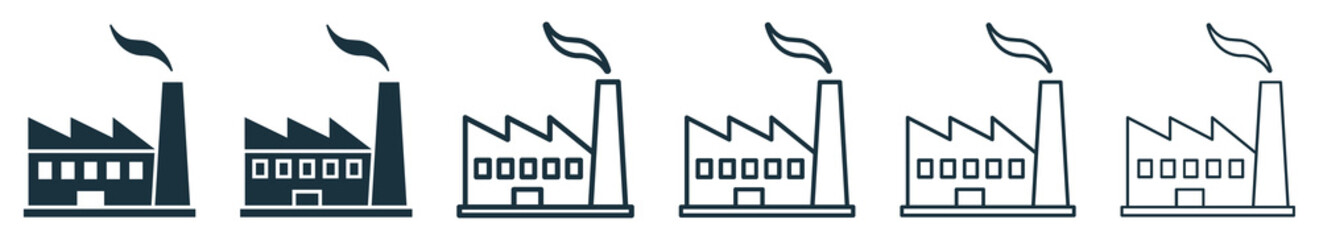 Set of factory icons. Factory, industrial building, waste recycling plant. Pollution symbol, production. Vector illustration.