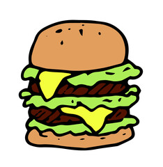 the icon of a large hamburger. Burger from a bun with yellow melted cheese and green salad and two cutlets with a black outline and hand-drawn in the style of a doodle. large burger in color flat for 