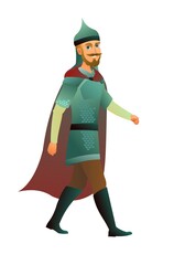 Medieval knight goes smiling. In iron mail and helmet. In red cape. Boy guy with beard. Fighting man. Isolated on white background. Cartoon flat style design. Vector