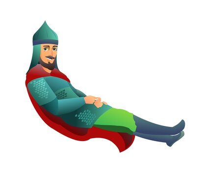 Medieval knight lies smiling resting. In iron mail and helmet. In red cape. Boy guy with beard. Fighting man. Isolated on white background. Cartoon flat style design. Vector