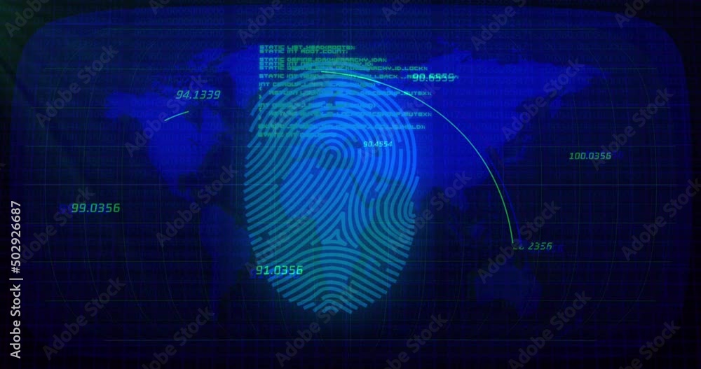 Aufkleber data processing over biometric fingerprint scanner against world map on blue background
