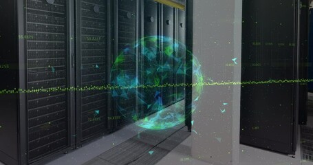Globe of plexus networks spinning against computer server room - Powered by Adobe