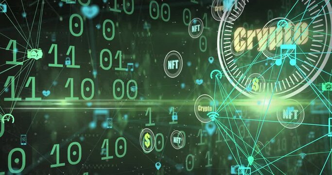 Binary coding and crypto concept icons floating against network of digital icons on green background