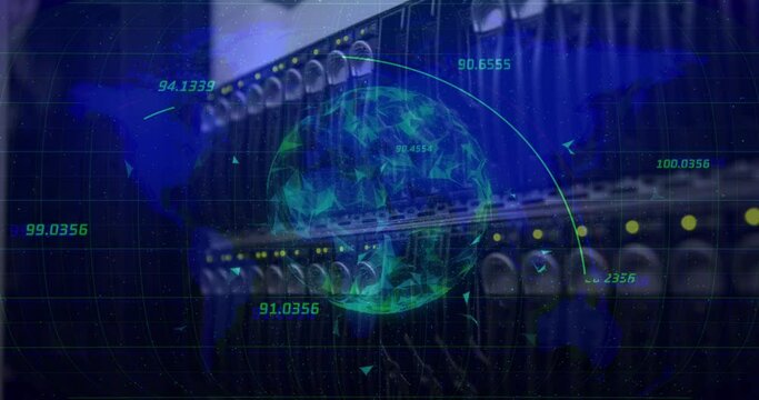 Multiple numbers floating over globe of plexus networks against close up of a computer server