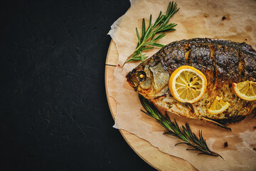 Baked fish in oven with lemon and rosemary laid out cutting board and parchment paper.On dark...