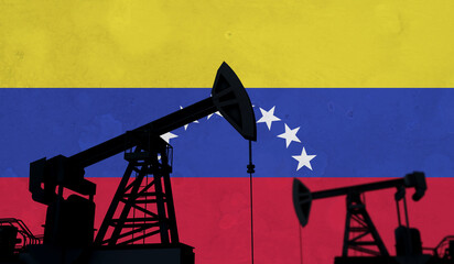Oil and gas industry background. Oil pump silhouette against venezuela flag. 3D Rendering - obrazy, fototapety, plakaty