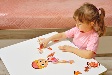 Orenburg, Russia - 01 07 2020 preschooler collects a puzzle of the structure of a person. Curious children is studying the anatomy. cardiovascular system, medicine, education. anatomy concept.
