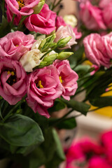 Beautiful Eustoma white and pink eustoma on blurred background. Wedding invitation in minimalist style with eustoma. Copy space. Mother's day card