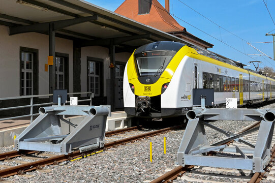 Breisach, Germany - April 2022: Train at one of the platforms of Breisach railway station, which is the terminus of the line