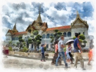 Landscape of ancient architecture and ancient art in the Grand Palace, Wat Phra Kaew Bangkok watercolor style illustration impressionist painting.