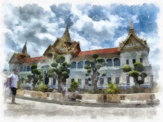 Fototapeta na wymiar Landscape of ancient architecture and ancient art in the Grand Palace, Wat Phra Kaew Bangkok watercolor style illustration impressionist painting.