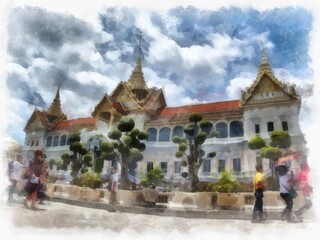 Landscape of ancient architecture and ancient art in the Grand Palace, Wat Phra Kaew Bangkok watercolor style illustration impressionist painting.