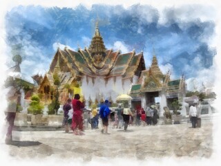 Landscape of ancient architecture and ancient art in the Grand Palace, Wat Phra Kaew Bangkok watercolor style illustration impressionist painting.