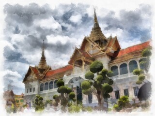 Fototapeta premium Landscape of ancient architecture and ancient art in the Grand Palace, Wat Phra Kaew Bangkok watercolor style illustration impressionist painting.