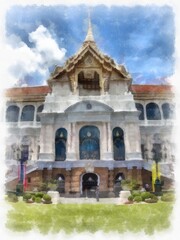 Fototapeta premium Landscape of ancient architecture and ancient art in the Grand Palace, Wat Phra Kaew Bangkok watercolor style illustration impressionist painting.