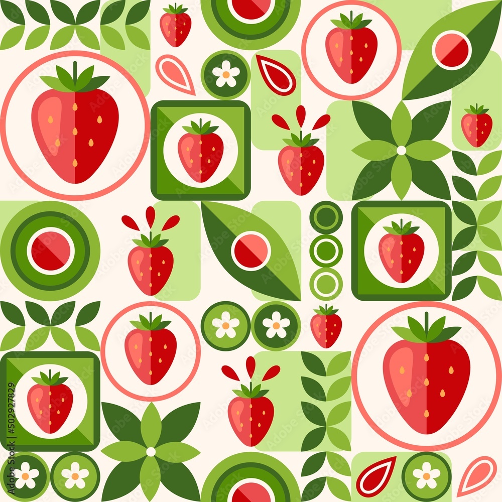 Poster seamless background with strawberry, circles, abstract geometric shapes. simple minimal style. good 