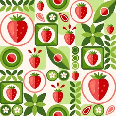 Seamless background with strawberry, circles, abstract geometric shapes. Simple minimal style. Good for branding, decoration of food package, cover design, decorative home kitchen prints