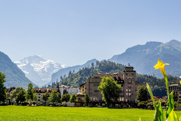Interlaken town important tourist destination in the Bernese Oberland region of Switzerland - 502927844