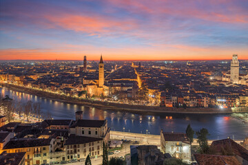 Fototapeta na wymiar Verona, Italy Skyline on the Adige River