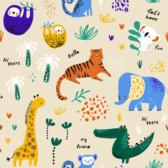 Seamless childish jungle pattern with tiger, crocodile, giraffe, sloth, monkey, monkey, elephant and jungle florals. Perfect for fabric,textile. Creative Vector background © solodkayamari