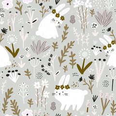 Fototapeta na wymiar Seamless childish floral pattern with cute hand drawn rabbits. Creative kids hand drawn texture for fabric, wrapping, textile, wallpaper, apparel. Vector illustration