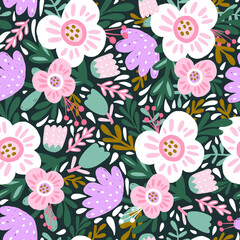 Obraz premium Seamless floral pattern with hand drawn bold flowers. Spring summer blossom background. Perfect for fabric design, wallpaper, apparel. Vector illustration