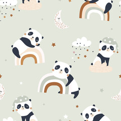Seamless pattern with cute sleeping pandas on rainbows, moon, clouds. Creative good night background. Perfect for kids apparel,fabric, textile, nursery decoration,wrapping paper.Vector Illustration